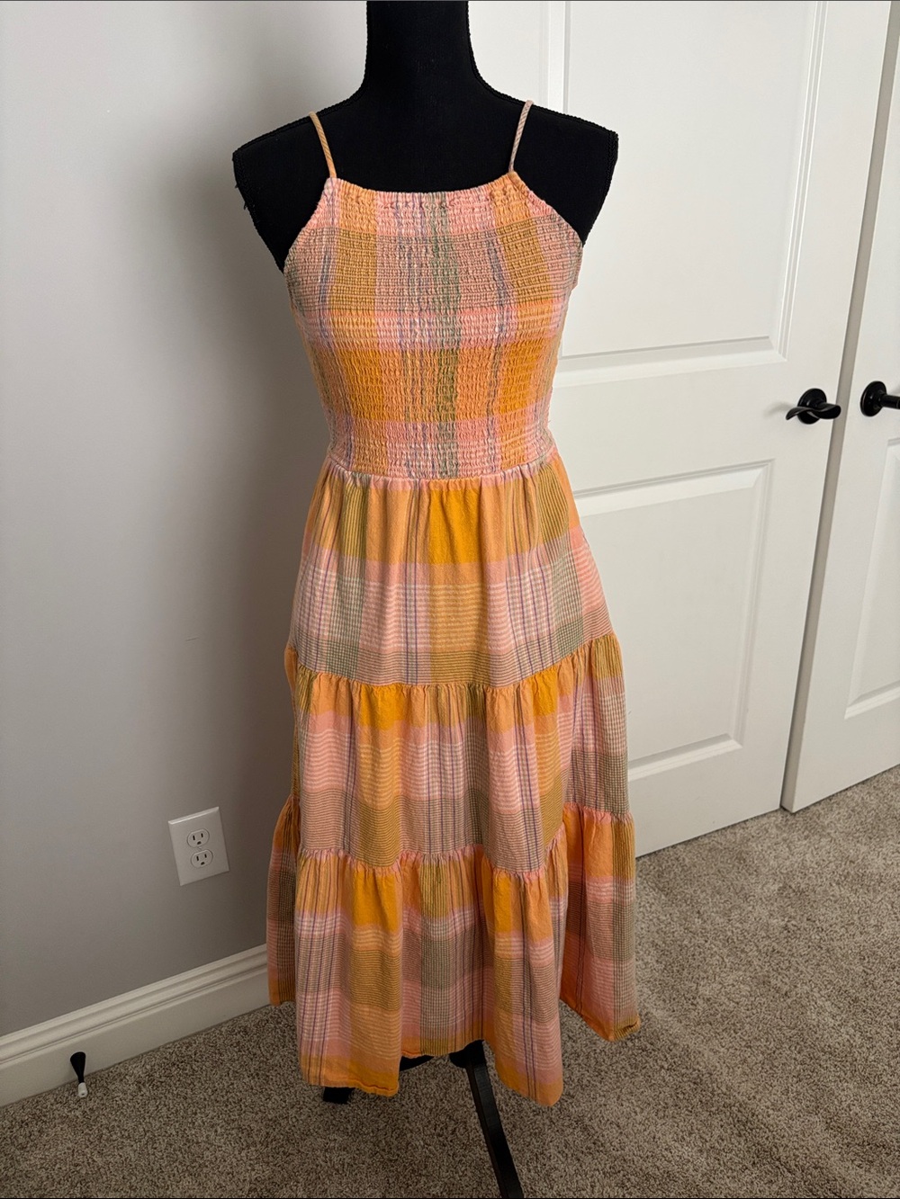 Universal Thread Peach & Mustard Plaid Smocked Maxi Dress